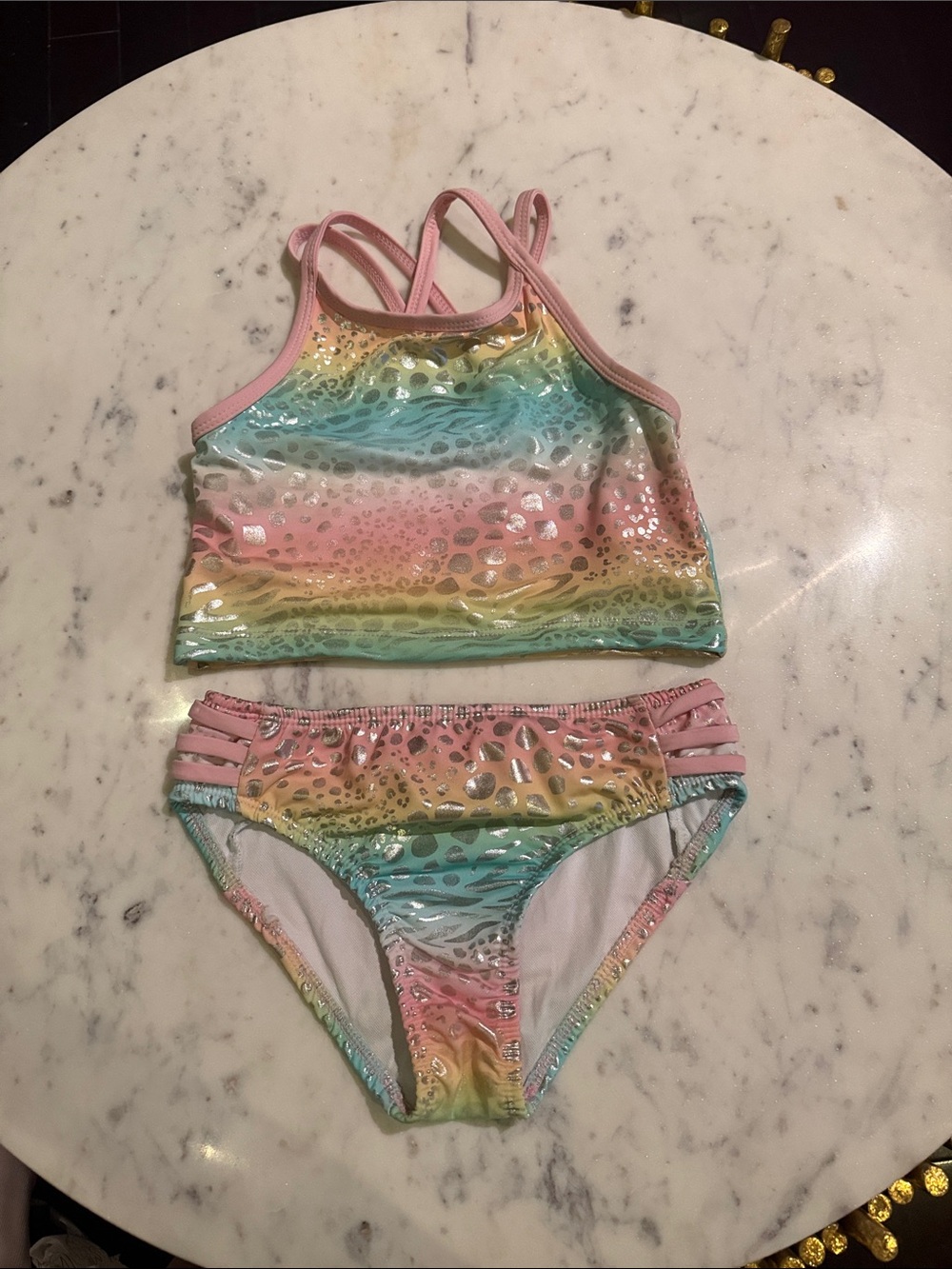 Girls' Rainbow Pastel High-Neck Tankini Swim Set - Pink, Aqua & Yellow
